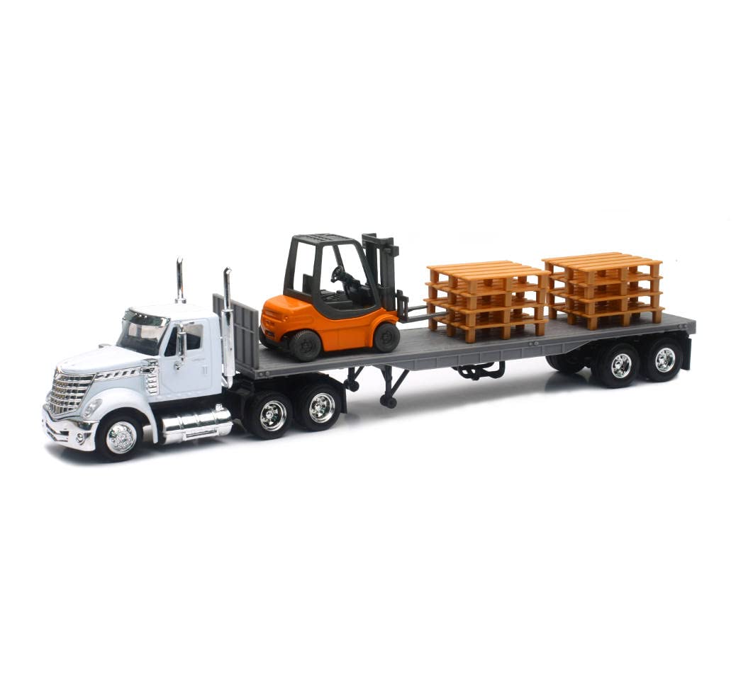NewRay 16643 long haul trucker flatbed with forklift and pallets in white, ready for display or play.