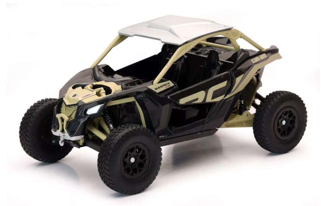 NewRay Can-Am Maverick X3 XRC Turbo tan side view 1:18 scale model for display and collection.