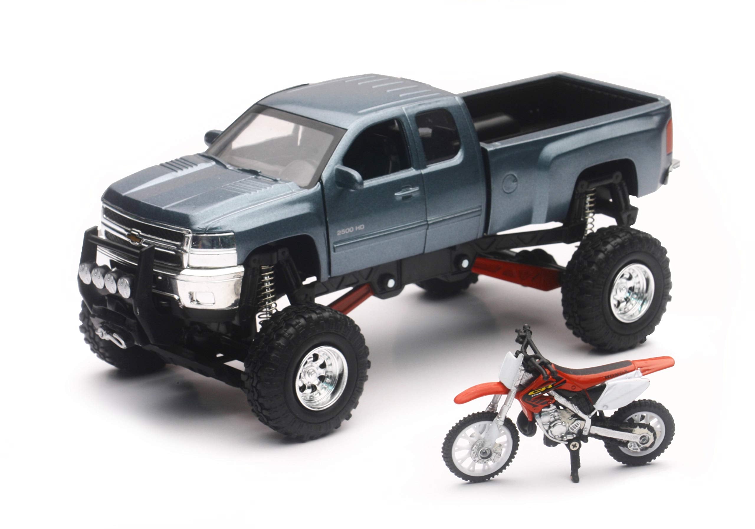 NewRay Chevrolet 4x4 gray Silverado die-cast pickup with working suspension for display or collection.