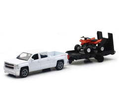 NewRay Chevy Silverado 1:43 die-cast with trailer and dirt bike for display and collection.