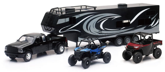 NewRay die-cast Ram Dually with toy hauler and Polaris RZR/Ranger for play.