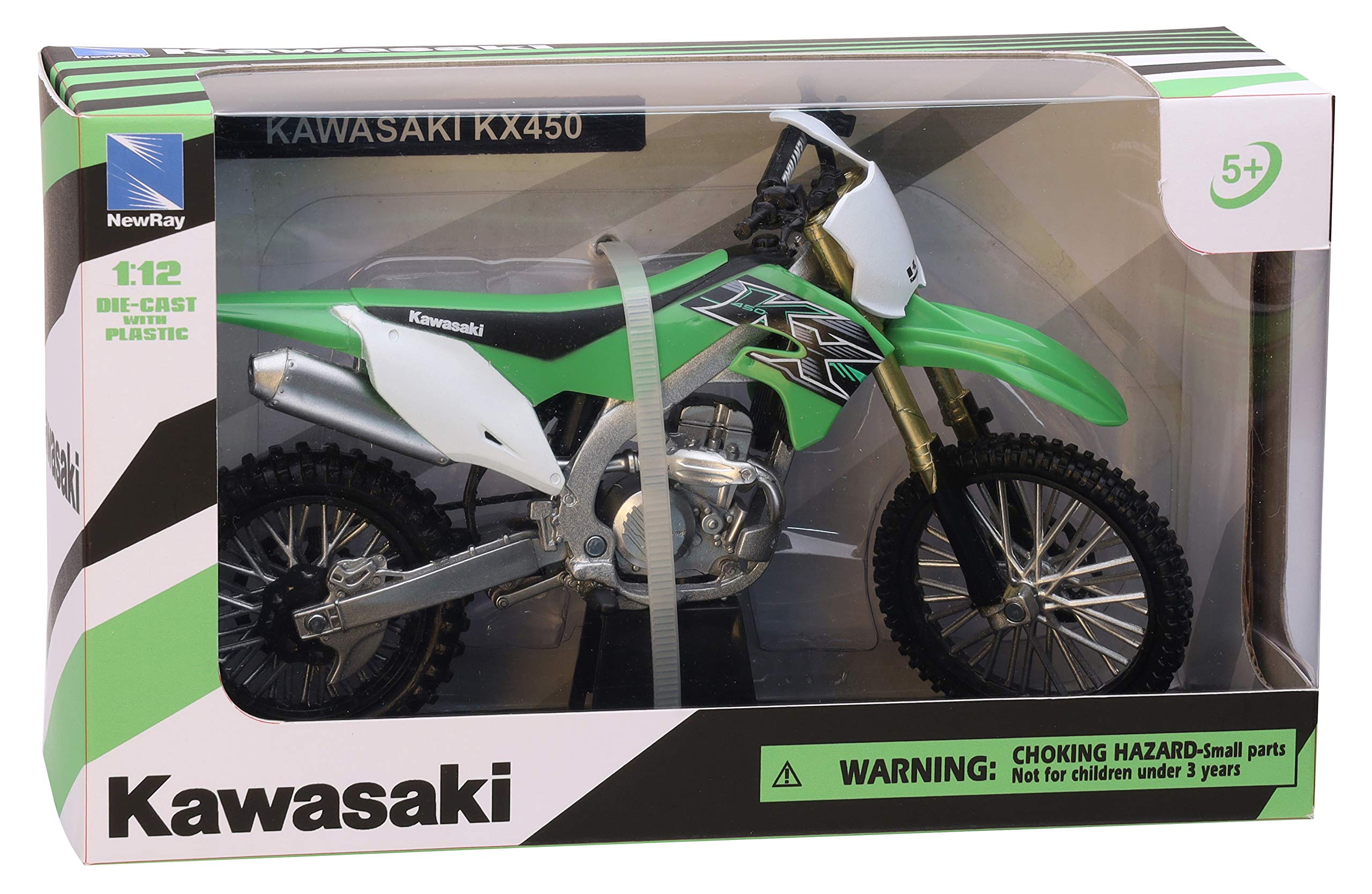 NewRay Kawasaki KX 450F 1/12 diecast top view highlights precise decals and color