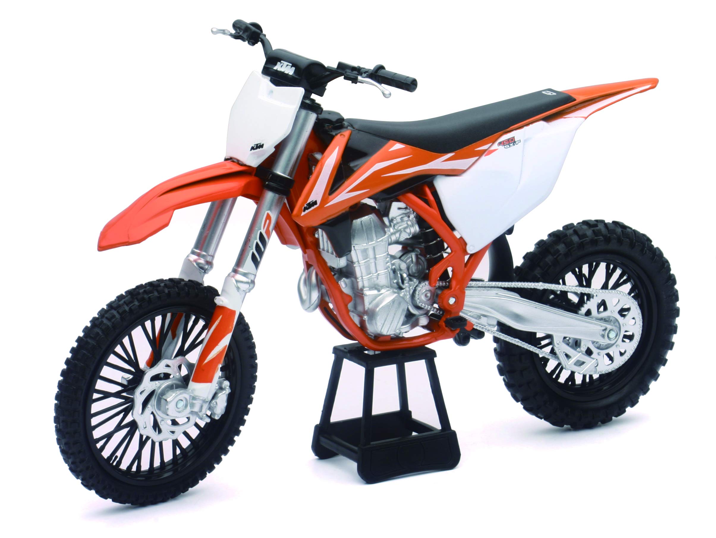NewRay KTM 450 SXF dirt bike detail highlights precise trim and authentic KTM colors.