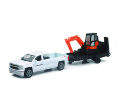 NewRay Kubota KX040 excavator set with white Chevy pickup and trailer for display and imaginative play.