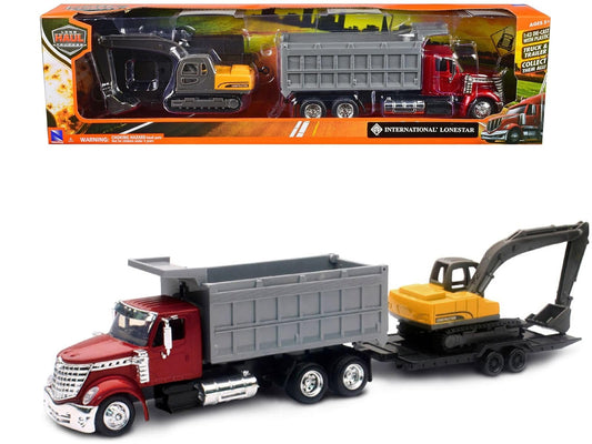 NewRay Lonestar dump truck with excavator, 1:43 scale diecast, ideal for display and pretend construction play.