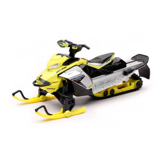 NewRay MXZ X-RS mini die-cast snowmobile in yellow for display and toy collection.