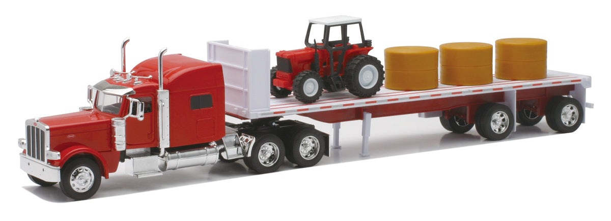 NewRay Peterbilt 389 flatbed truck with red farm tractor and hay bales for realistic display