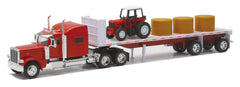 NewRay Peterbilt 389 flatbed truck with red farm tractor and hay bales for realistic display