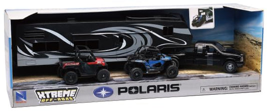 Polaris RZR and Ranger inside toy hauler with Ram Dually for display and action.