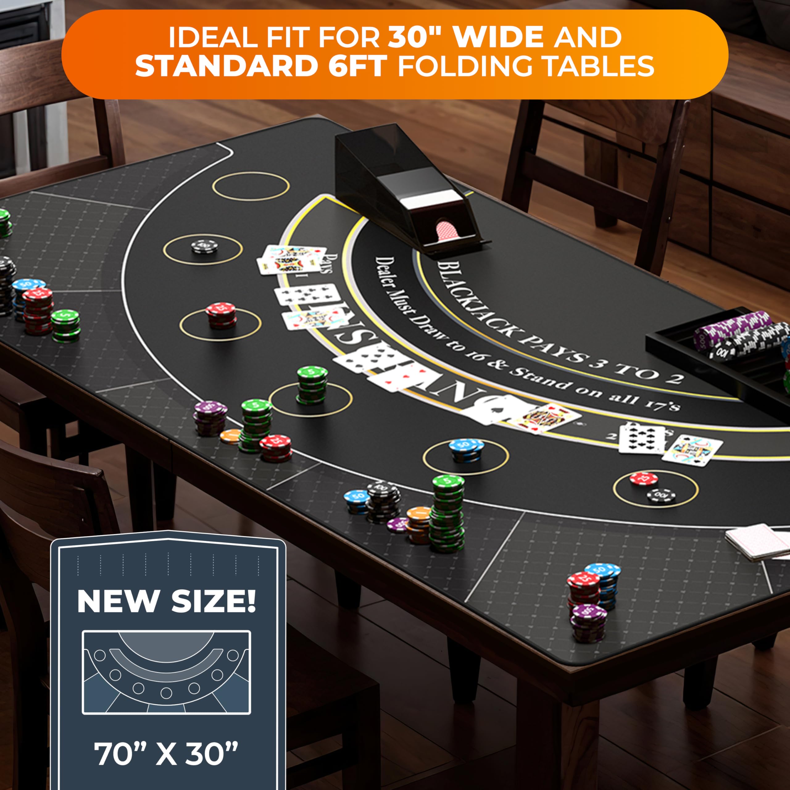 Newverest blackjack mat 70x30 fits 6ft tables with a smooth, organized layout.
