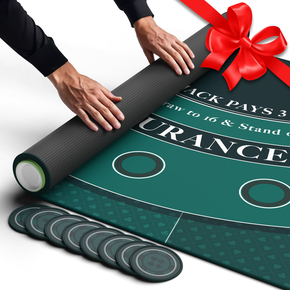 Newverest blackjack mat 70x30 on folding table for home poker nights.