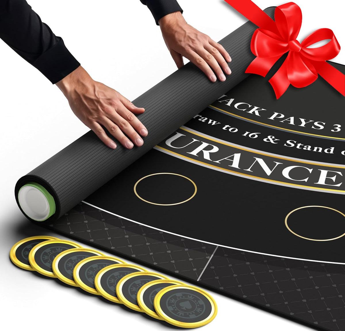 Newverest blackjack mat 70x30 on a home table provides a casino-style playing surface.