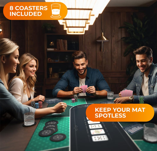 Newverest poker table top with eight coasters protecting the surface