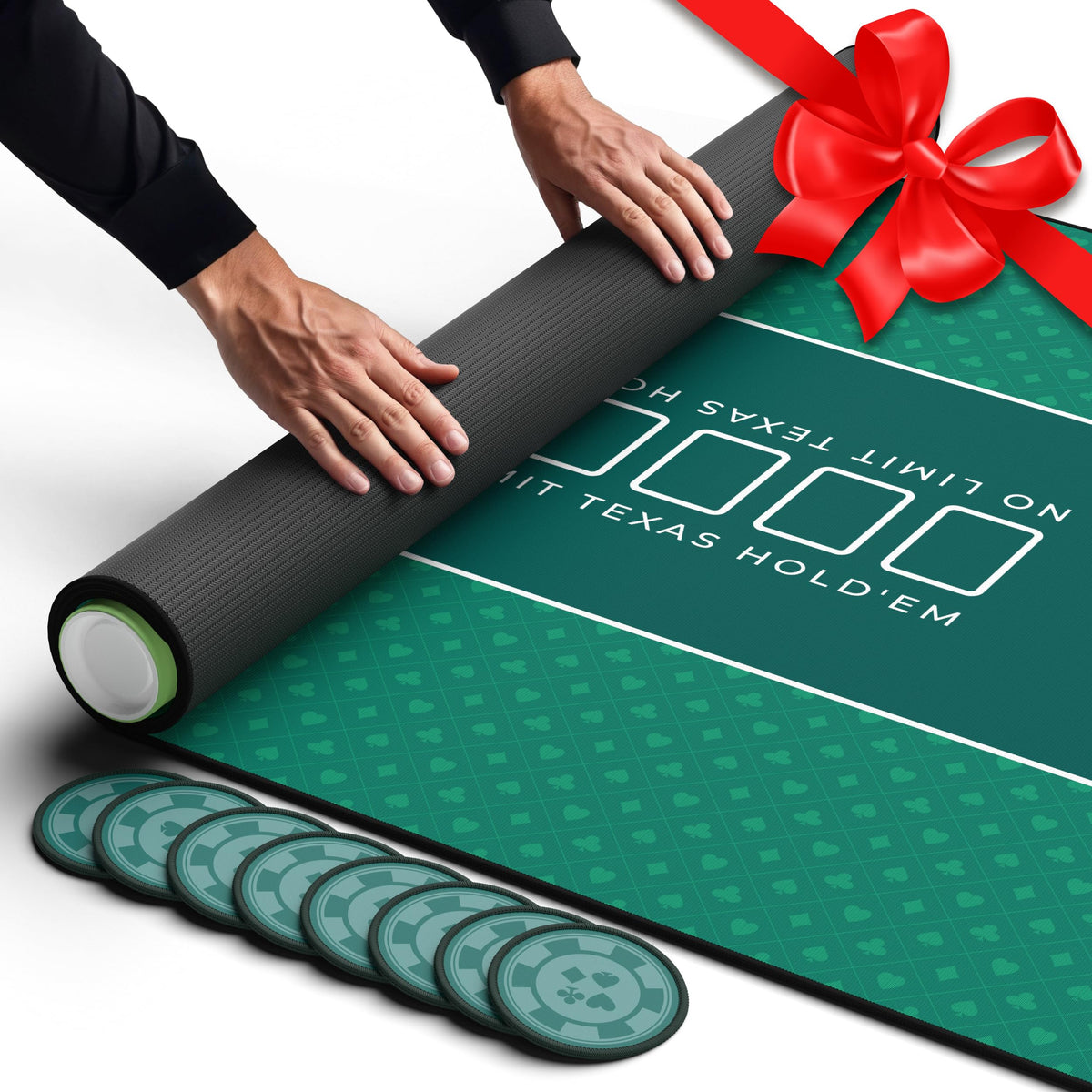 Newverest poker table top neatly rolled for secure storage after game night.