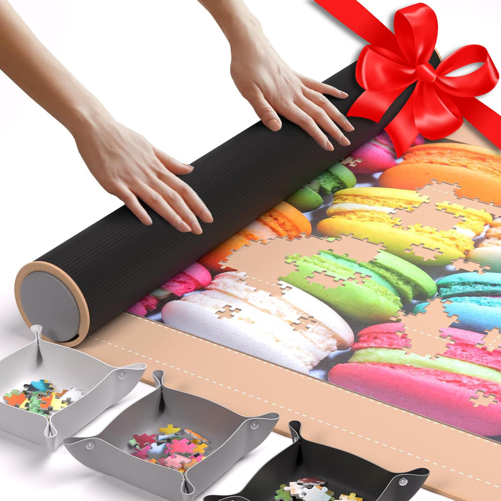 Newverest puzzle mat rollup in rose gold shows compact roll for simple storage and transport.