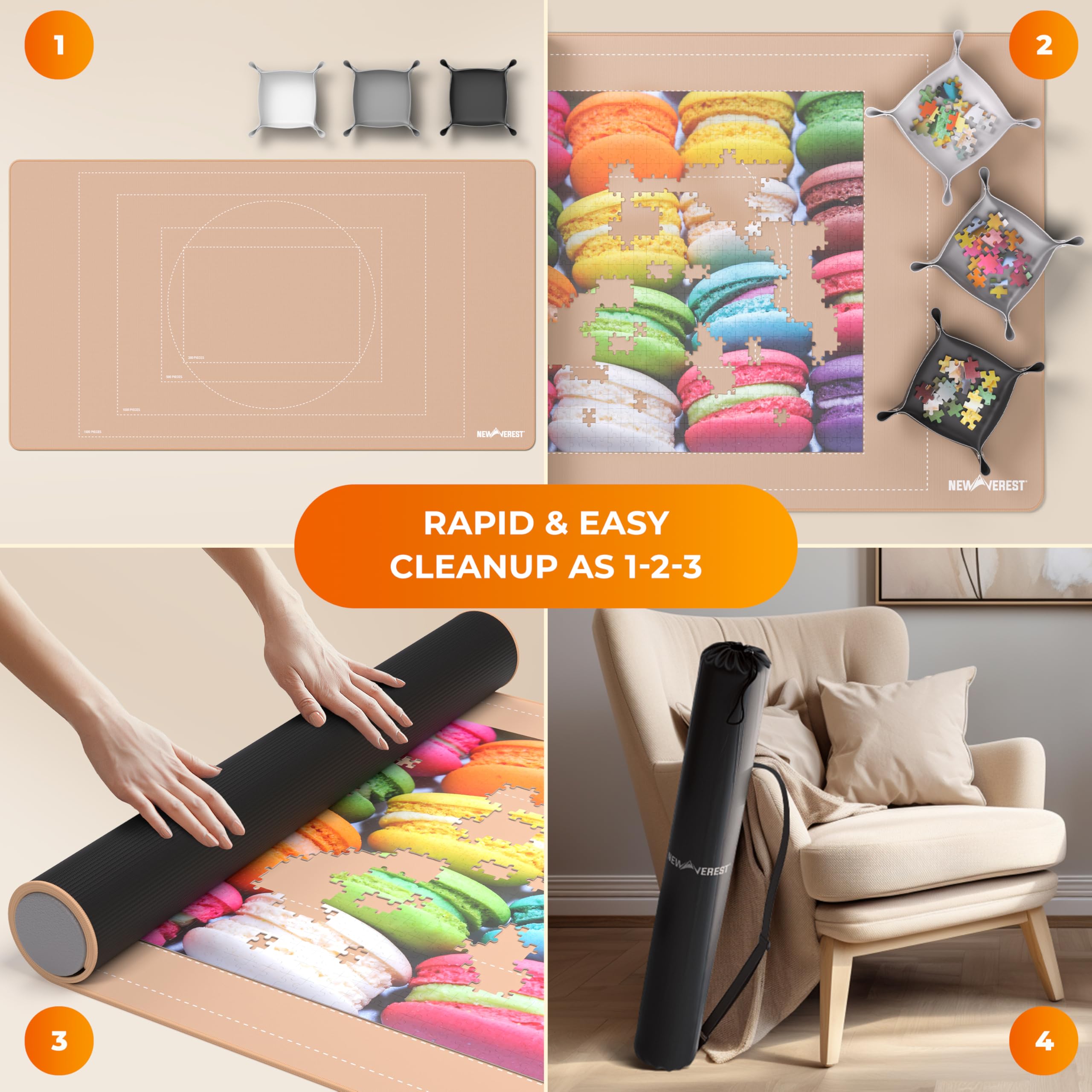 Newverest travel bag stores the mat and accessories neatly for puzzling on the go.