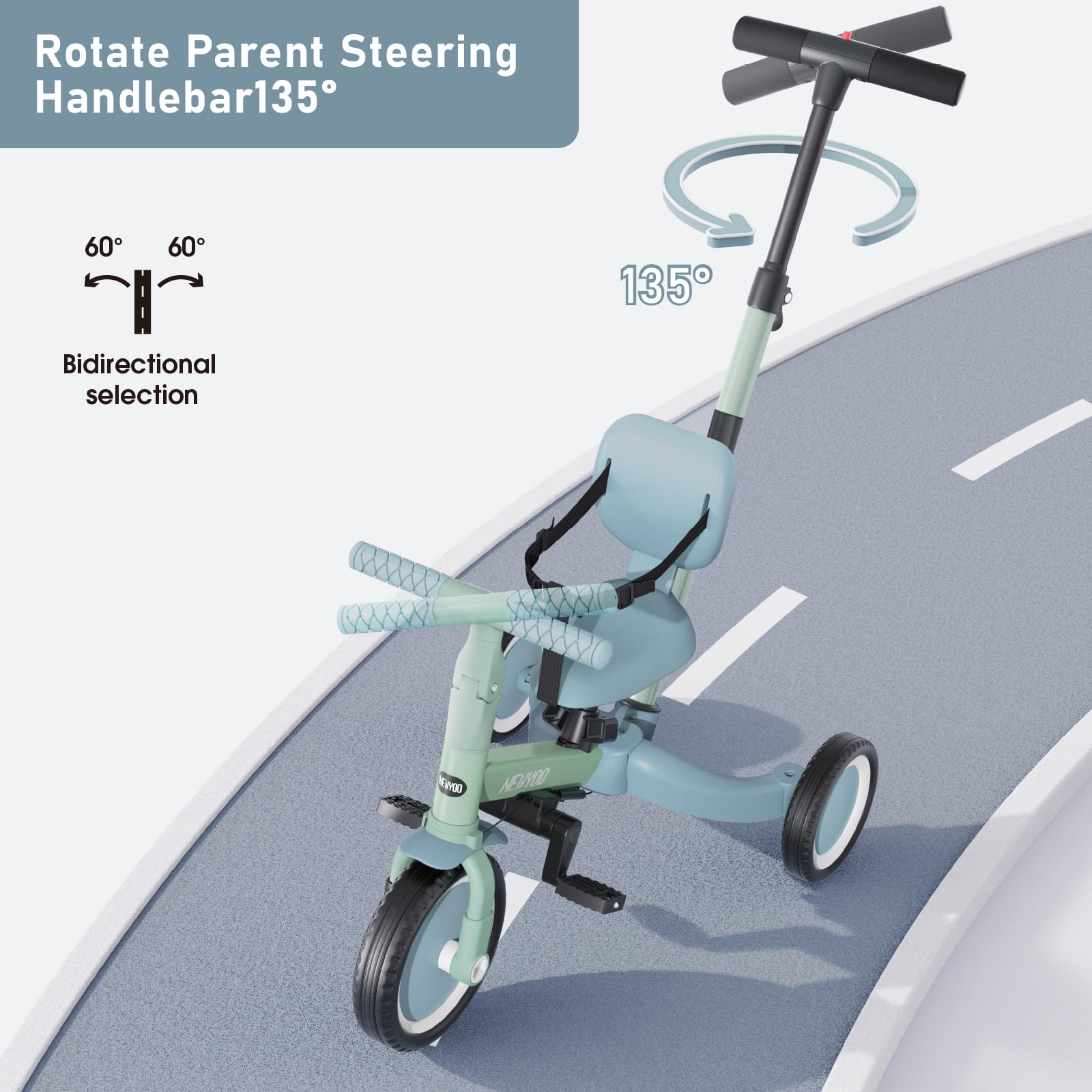 newyoo adjustable handlebar and seat for growing height and easy customization.