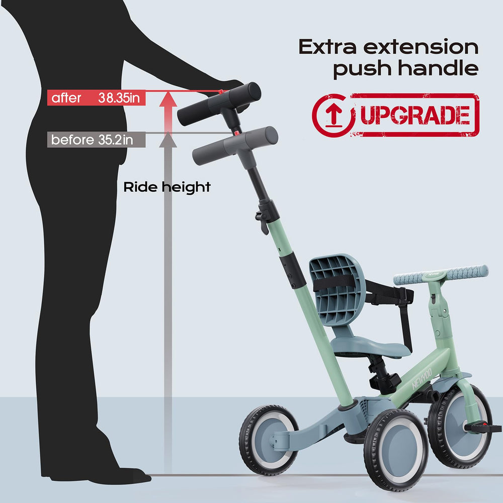 newyoo easy-assembly push handle tricycle setup illustration.
