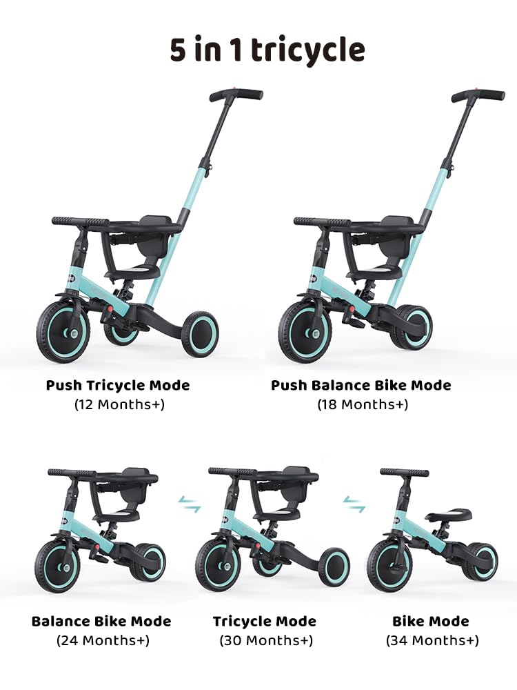 Newyoo toddler tricycle shows five modes for adaptive riding.