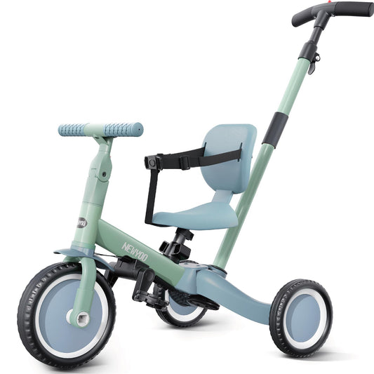 newyoo toddler tricycle in green, front view, supports early riding confidence.