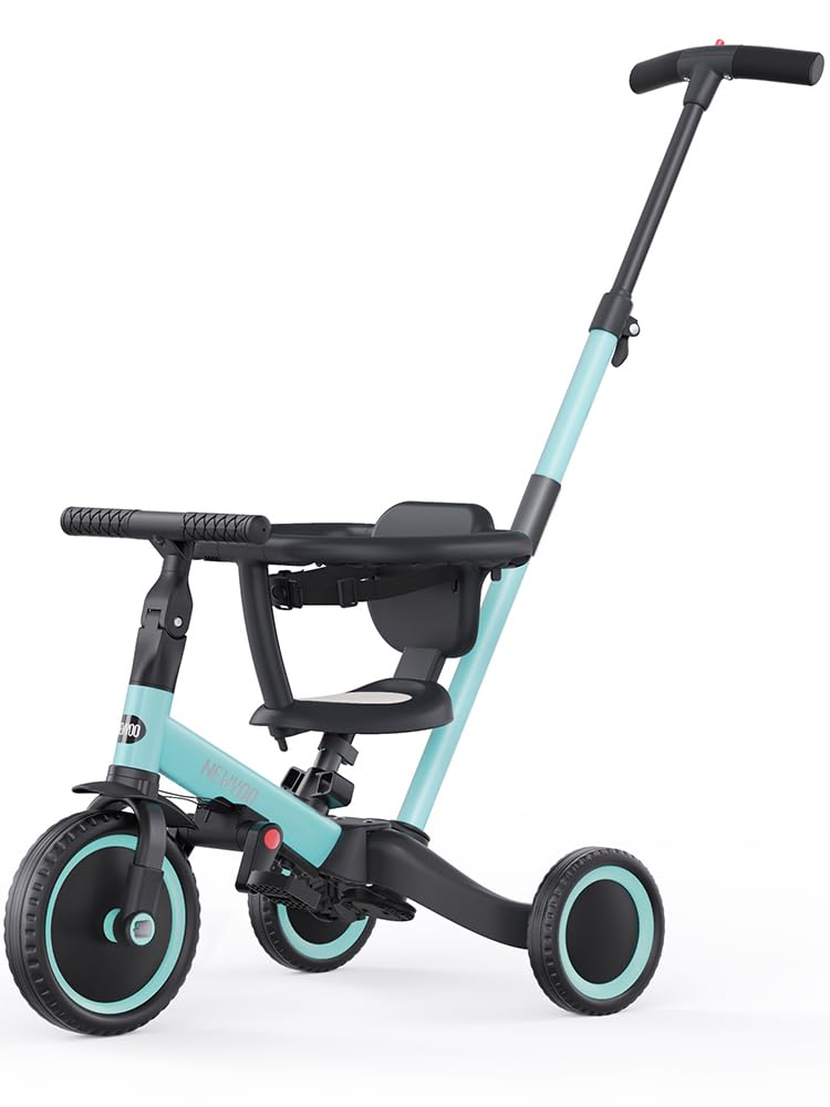 Newyoo toddler tricycle with push handle for safe adult guidance.