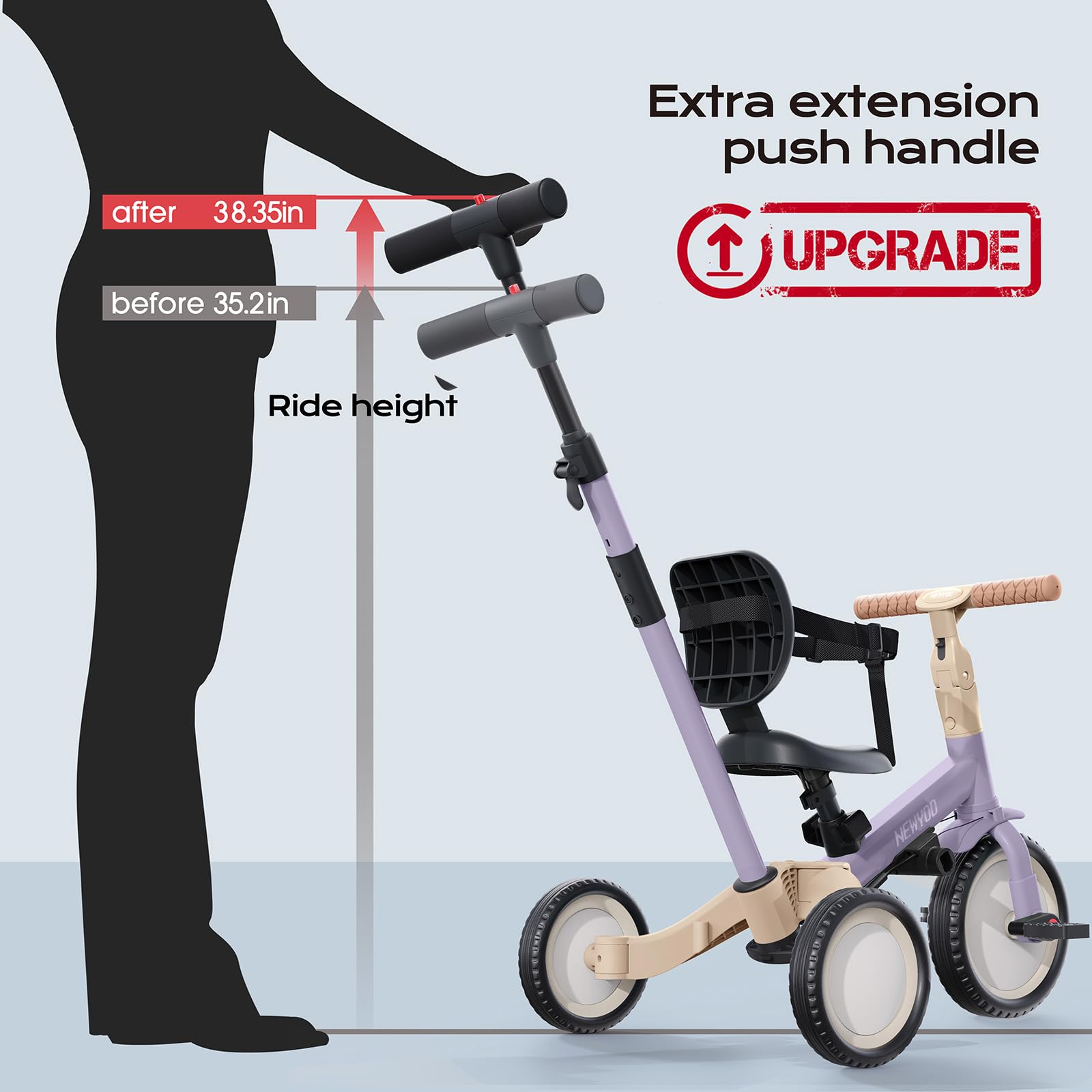 newyoo removable backrest adds security and comfort for early riders.
