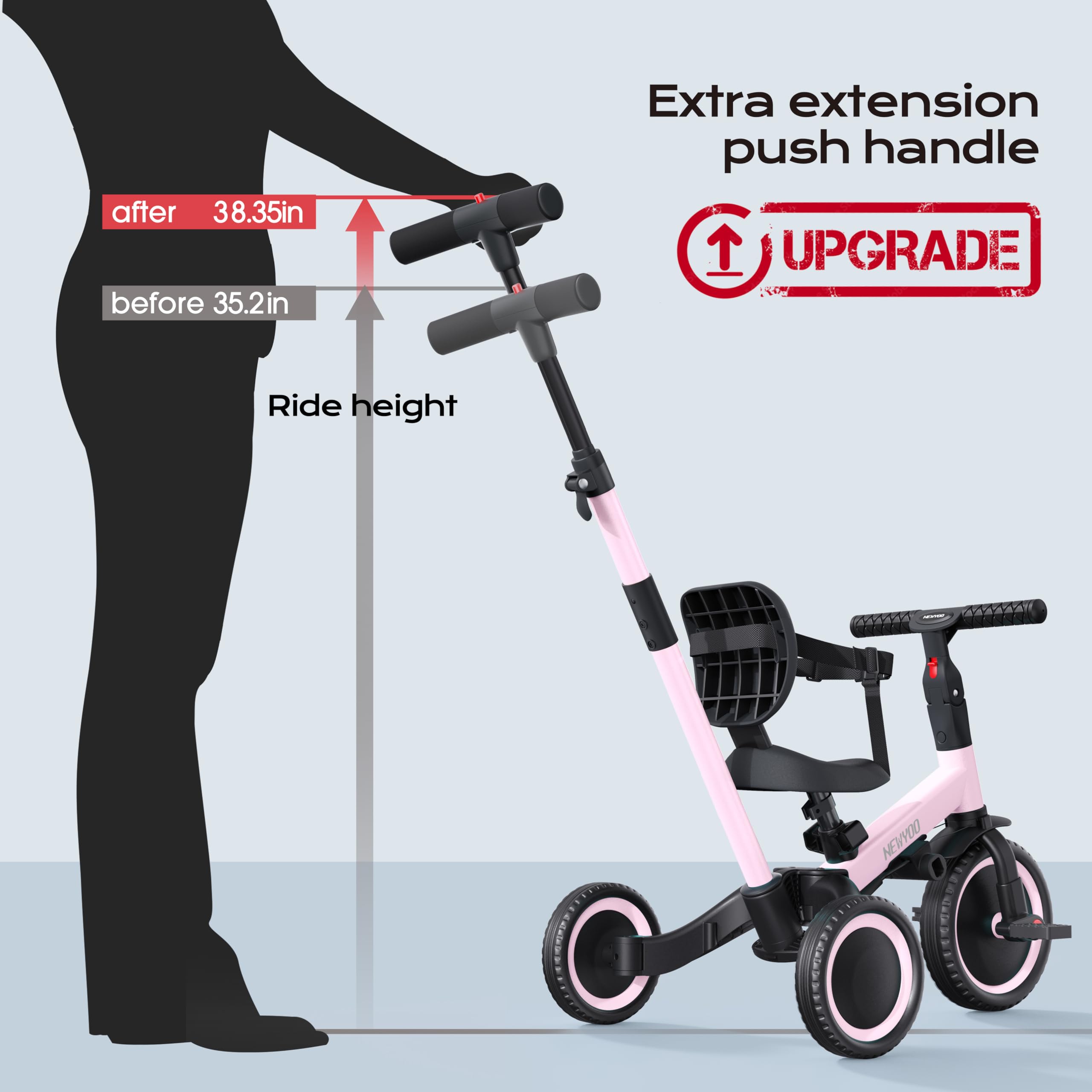 newyoo TR007 pink tricycle EVA wheels absorb shocks for smooth rides