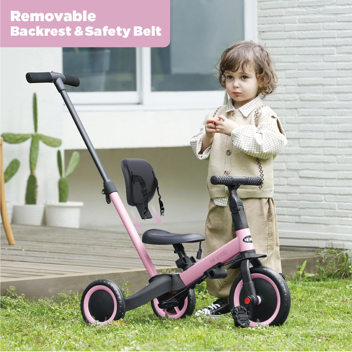 newyoo TR007 pink tricycle backrest and belt for safe, supported play