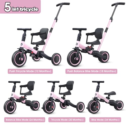 newyoo TR007 pink tricycle side view with push handle for parent guidance