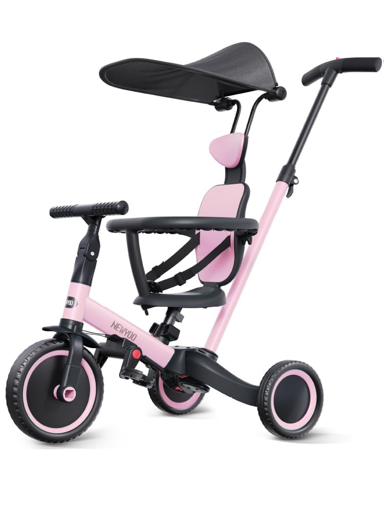 newyoo tricycle pink canopy push handle for growing toddlers