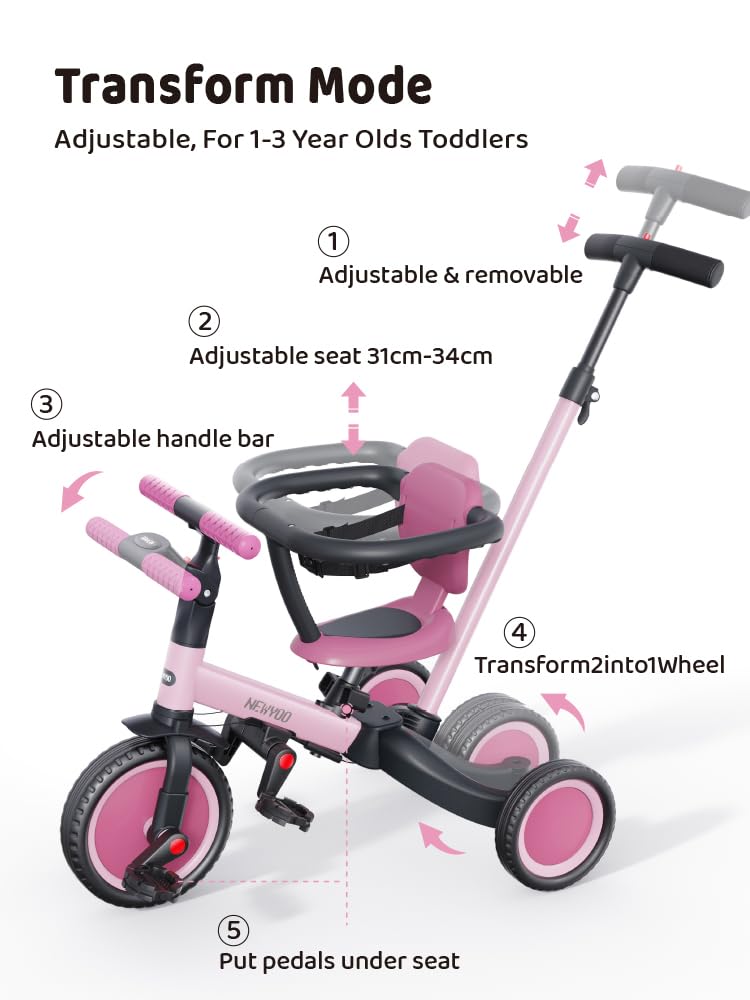 Newyoo TR008 pink tricycle EVA wheels provide smooth rides.