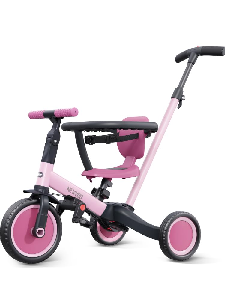 Newyoo TR008 pink tricycle front view shows sturdy build for toddlers.
