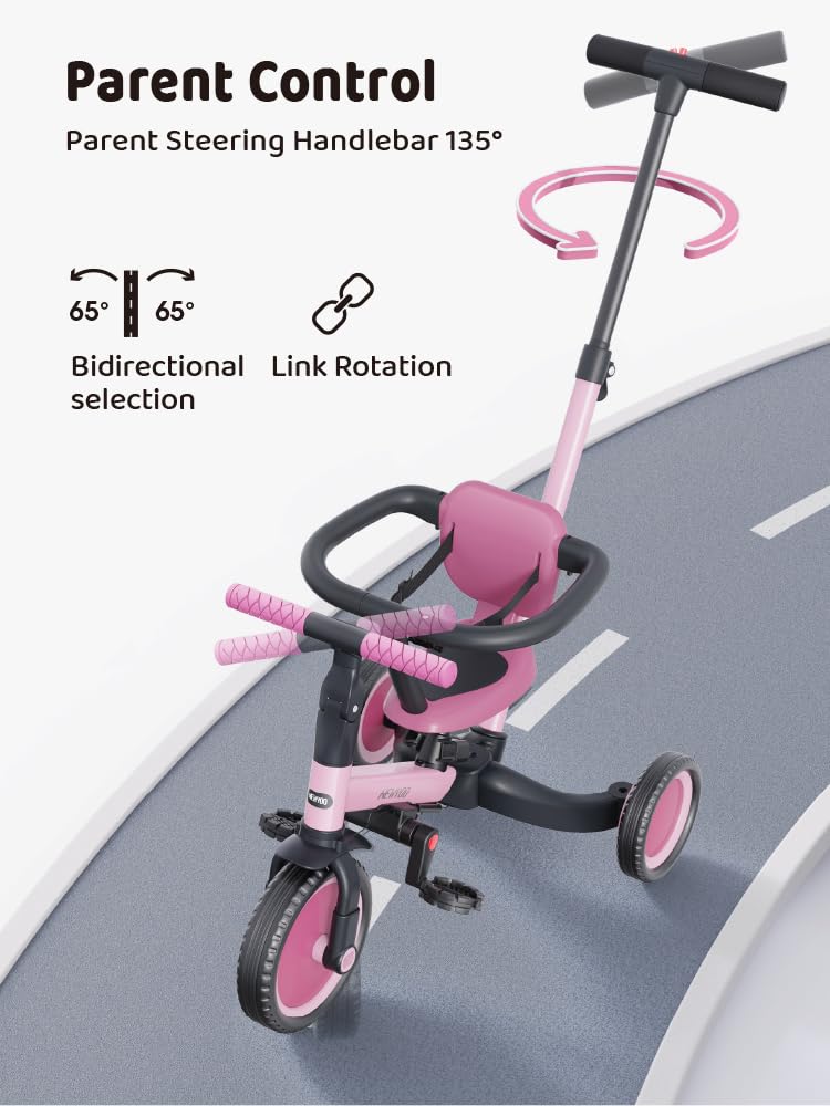Newyoo TR008 pink tricycle in use with parent guiding child.