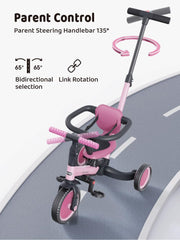 Newyoo TR008 pink tricycle in use with parent guiding child.