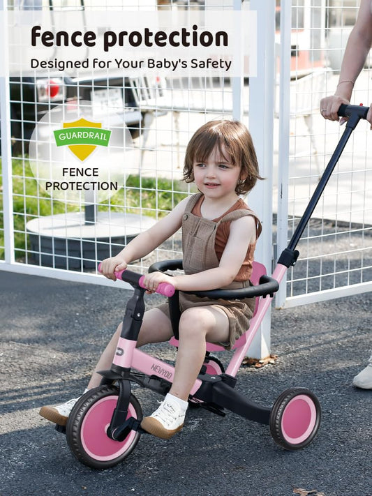 Newyoo TR008 pink tricycle push handle demonstrates parent-led steering.