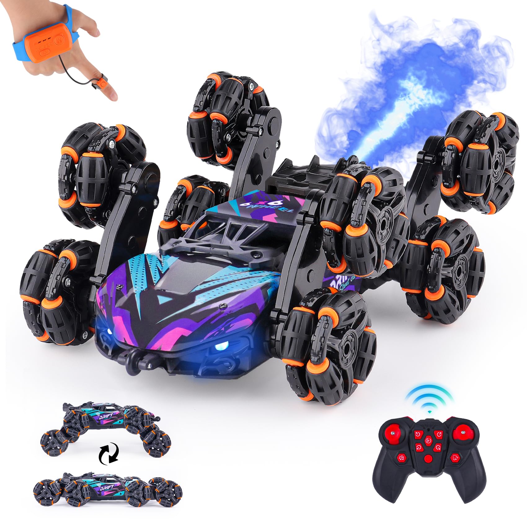 NEXBOX Cool eight-wheels stunt car in action with vibrant lights for thrilling indoor play.