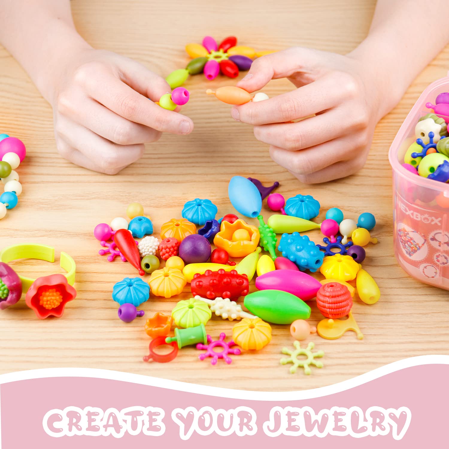 NEXBOX Pop beads bracelet assembly highlight for easy snapping with tiny hands.