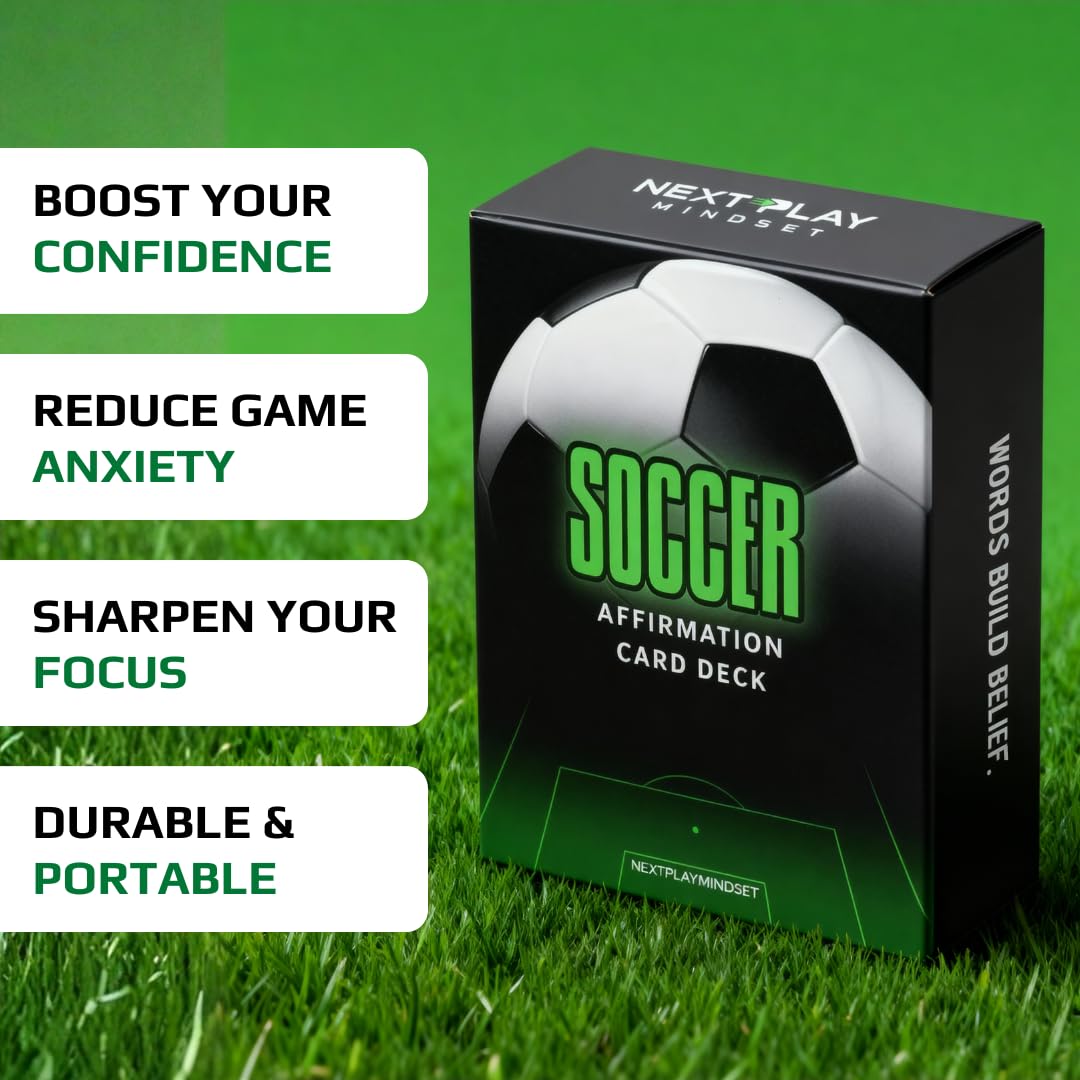 Next Play Mindset deck card spread shows 52 self-talk affirmations for game-day preparation.