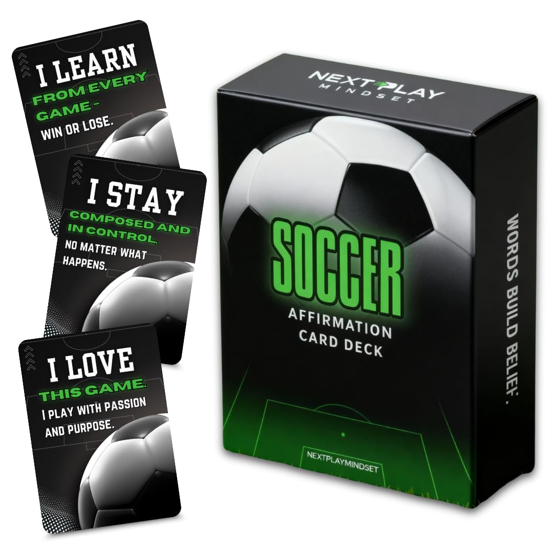 Next Play Mindset soccer affirmation deck front cover boosts anticipation and focus before matches.