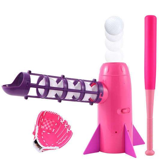 NIBBaNACAL auto baseball popper with pink training glove enhances catching practice.