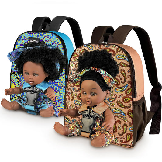 Nice2you 2 Pack 10in black baby doll with backpack front view encourages carry-along play