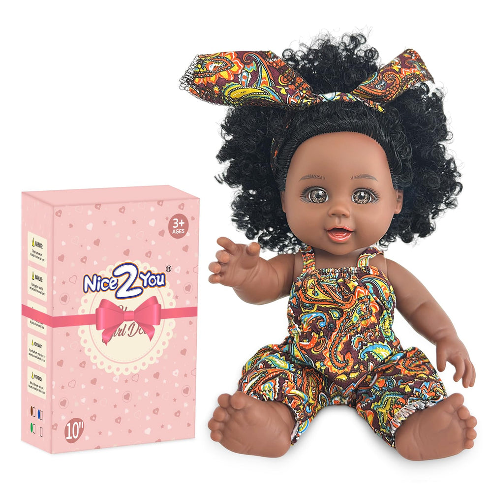 Nice2you black baby doll 10in face with lifelike expression for imaginative play.