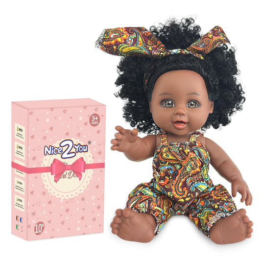 Nice2you black baby doll 10in face with lifelike expression for imaginative play.