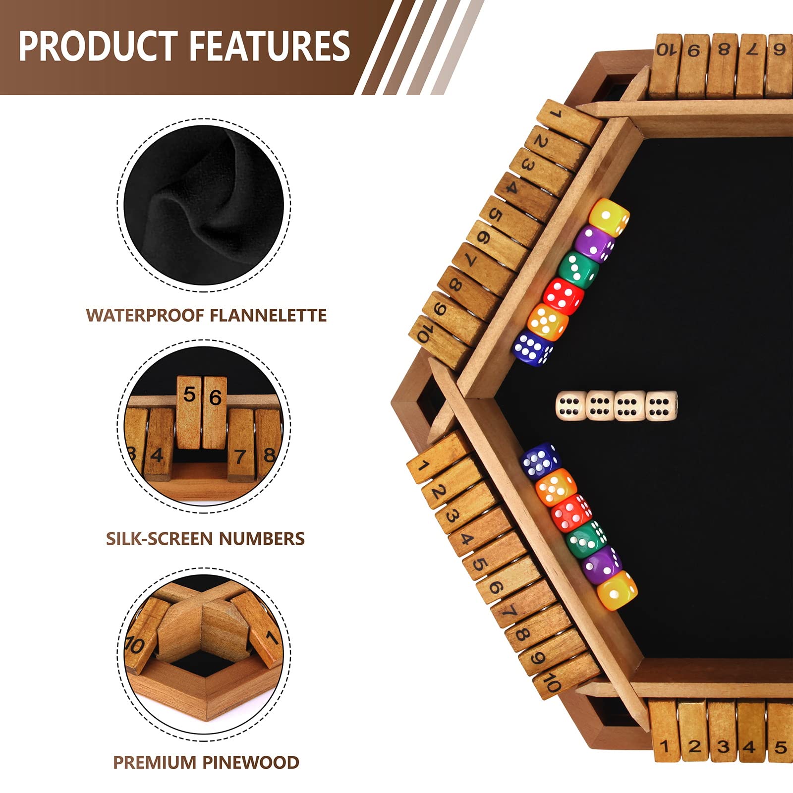 Nicecho Shut The Box felt surface reduces noise for focused play.