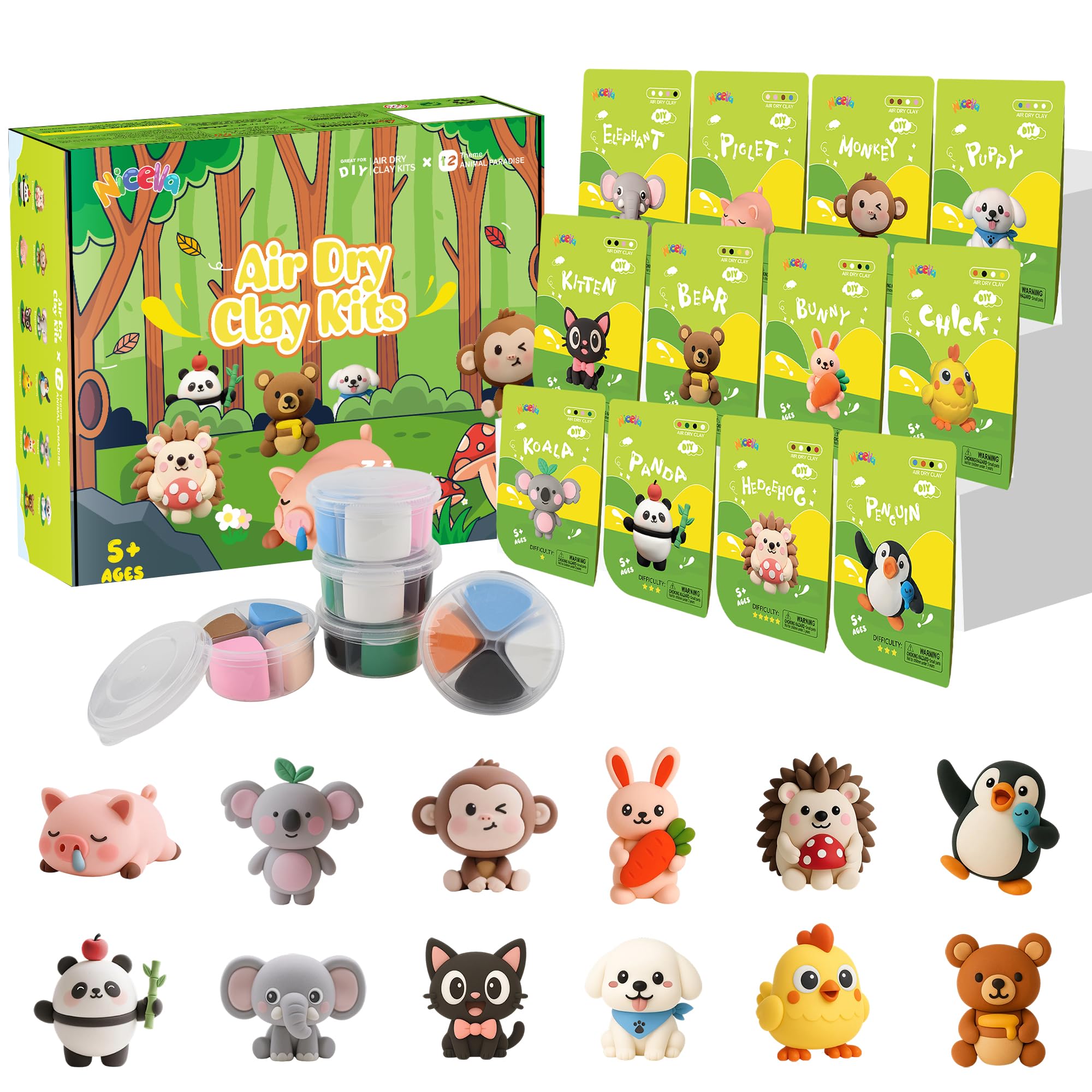 Nicella Air Dry Clay Kit box front with 12 animal designs, ideal for kid-friendly home crafts