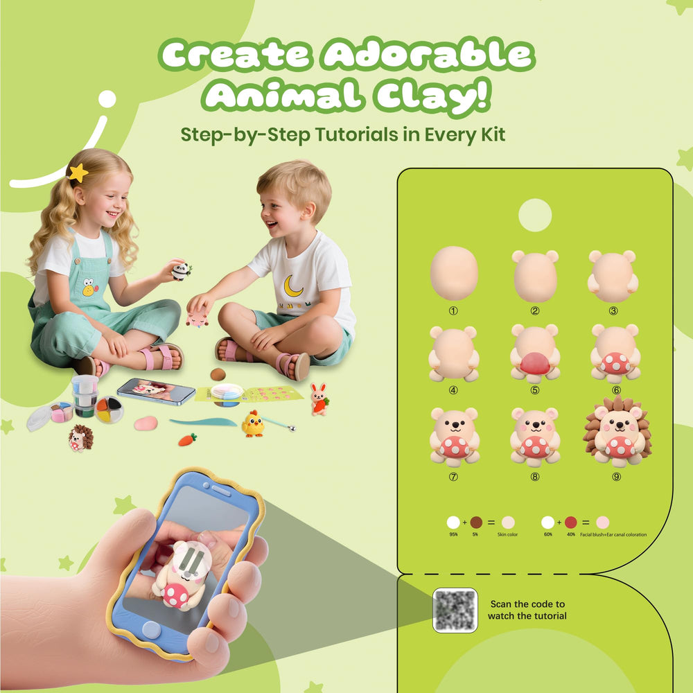 Nicella clay animal figures with step-by-step tutorial guide for young artists