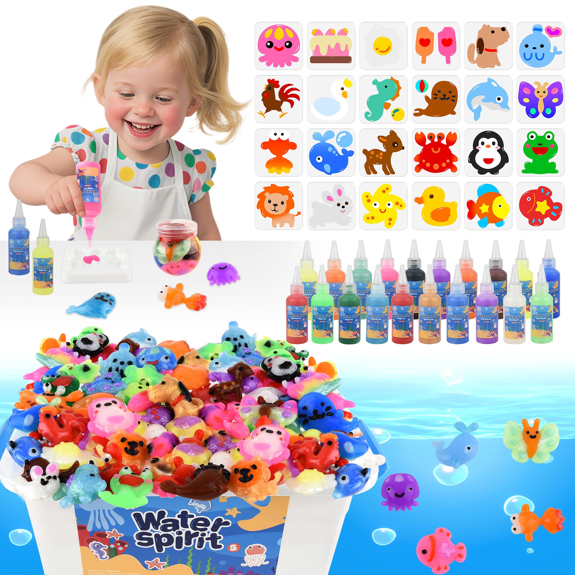 Nicella Magic Water Elf Toy Kit packaging shows 20 gel colors and 24 molds for creativity.