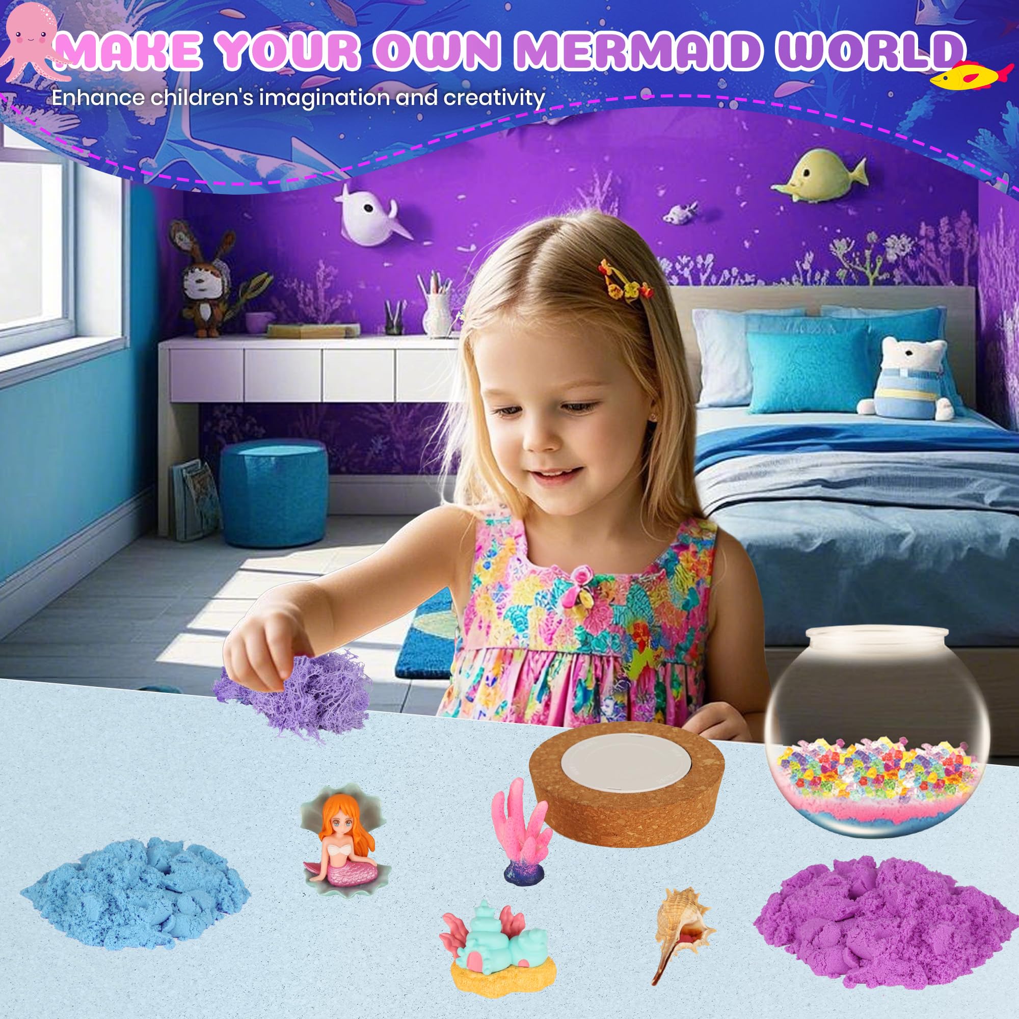 Nicella Mermaid Terrarium LED night light demonstrates color options for cozy bedtime ambience