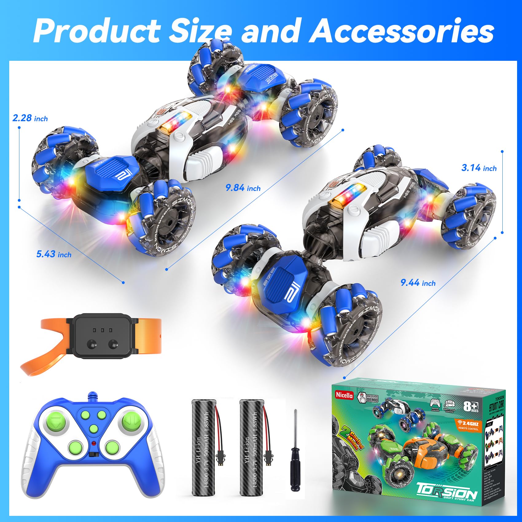 Nicella RC stunt car double battery setup extends playtime for longer sessions.