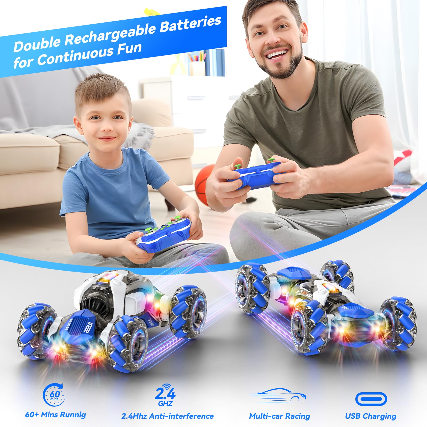 Nicella RC stunt car lights and music create an engaging play atmosphere.